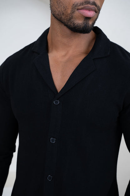 Linen Long Sleeve Resort Shirt - Black