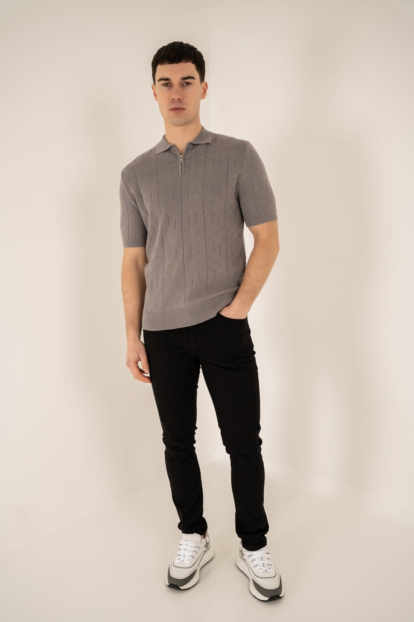 Geometric Knitted Quarter Zip Polo Shirt - Grey
