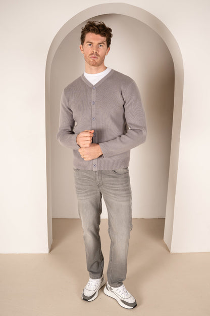 Y Neck Button Up Cardigan - Grey